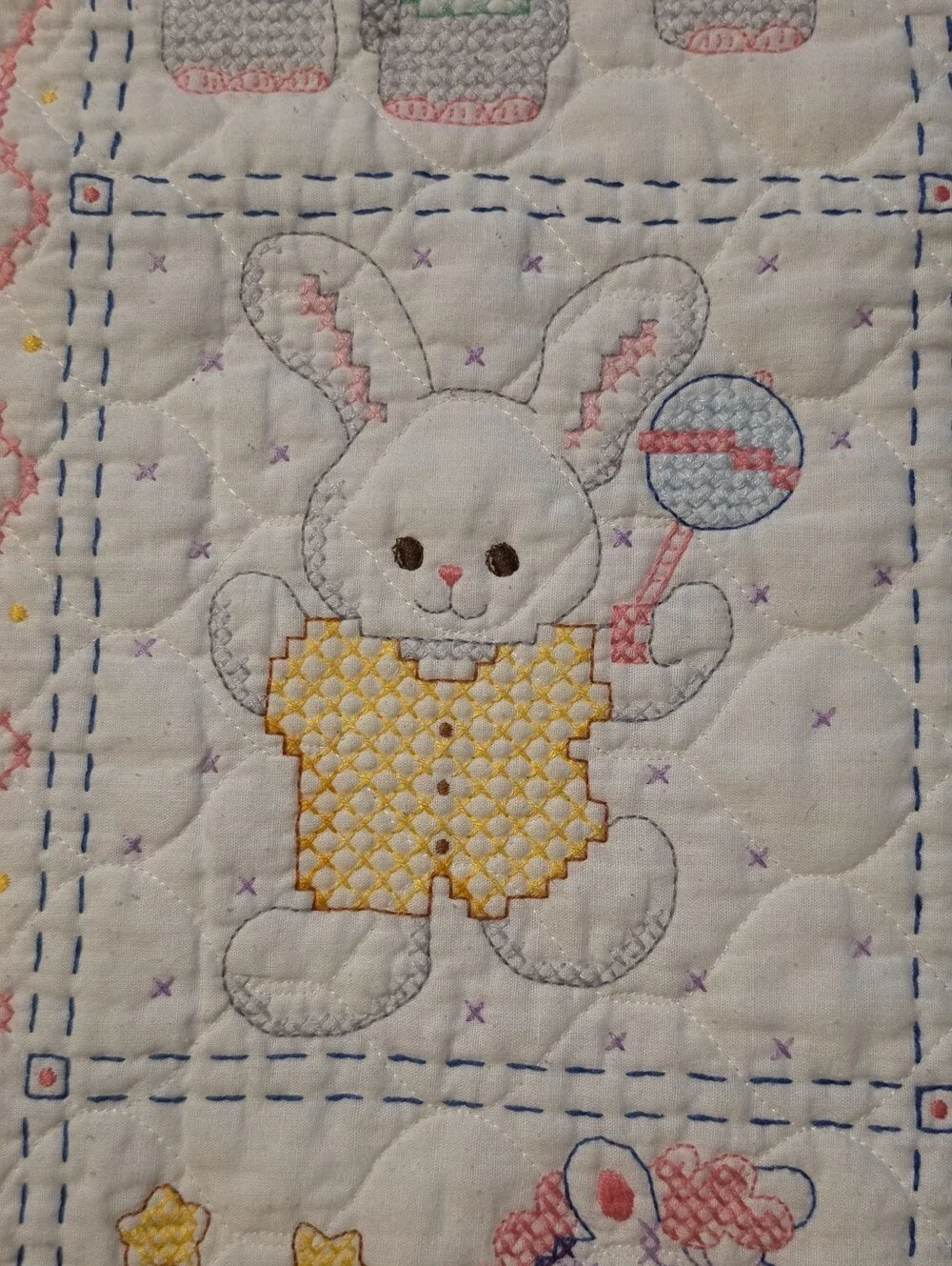 2009 Completed Bucilla Plaid Babies Are Precious Cross Stitch Baby Blanket